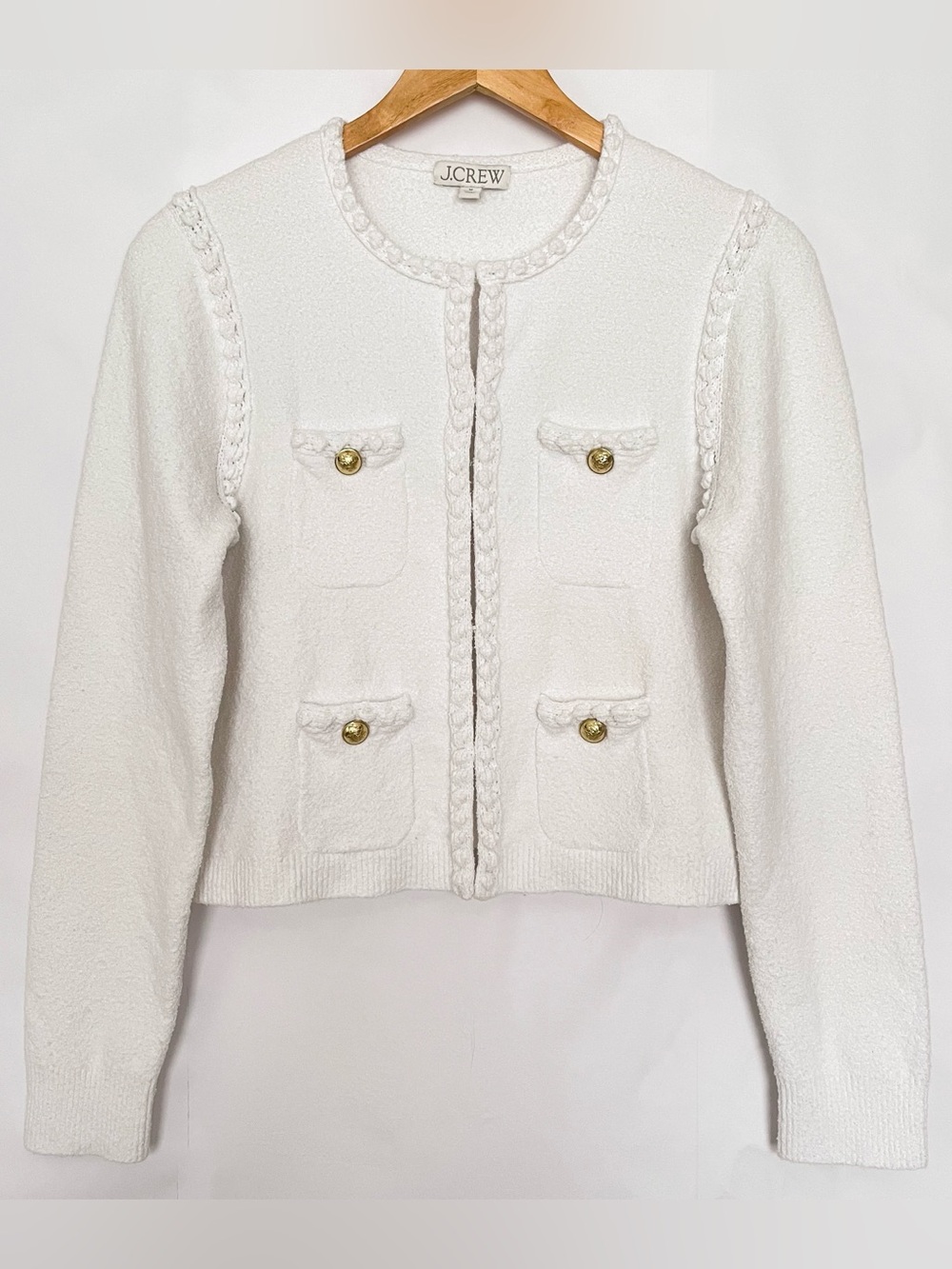 J Crew Odette Sweater Lady Jacket in Cotton-Blend Bouclé Size Medium White BR789